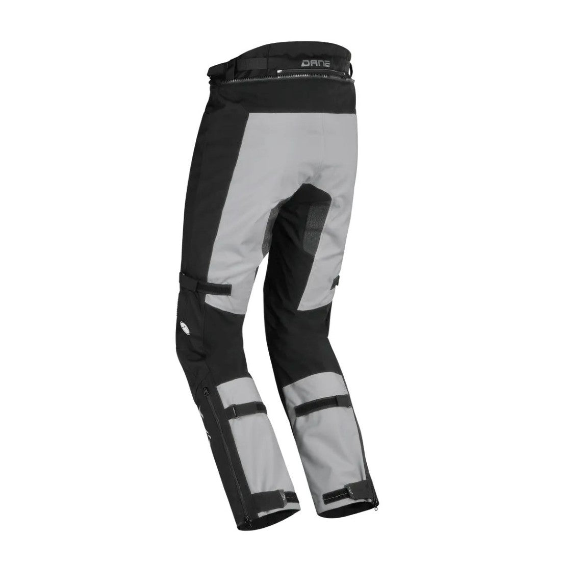 motorcycle pants dane dalvik goretex inner pants braces prepared knee protectors reflective grip patches riding silver gray black alpine touring adventure adv back
