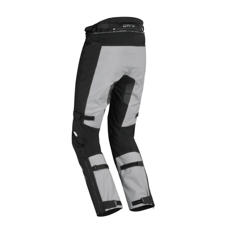 motorcycle pants dane dalvik goretex inner pants braces prepared knee protectors reflective grip patches riding silver gray black alpine touring adventure adv back
