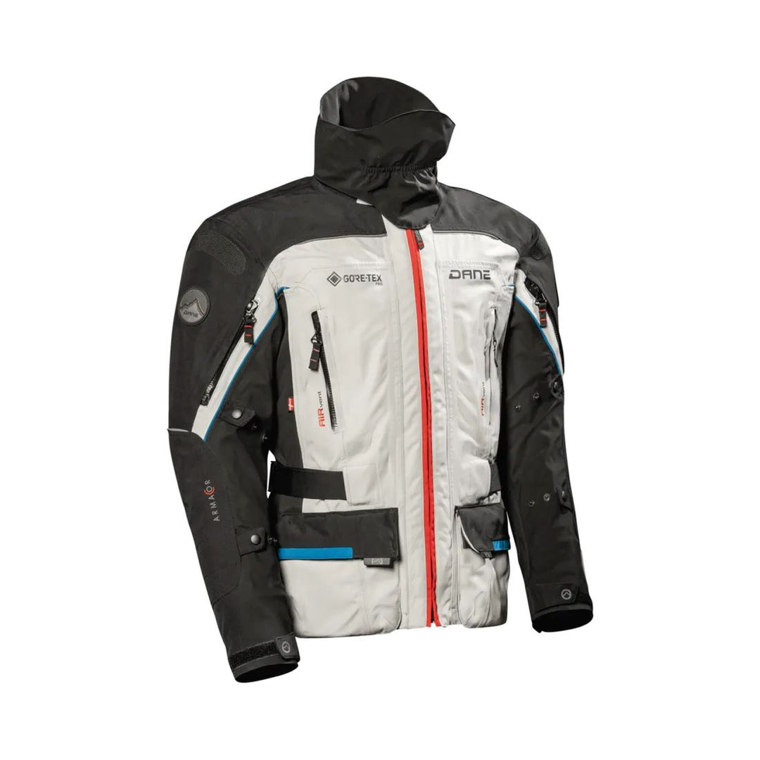 motorcycle jacket dane nimbus 2 pro goretex windproof waterproof breathable summer jacket thermal liner insulation stretch tex armacor 3d mesh inner pockets ventilation storm collar light gray black red blue riding alpine touring adventure adv front