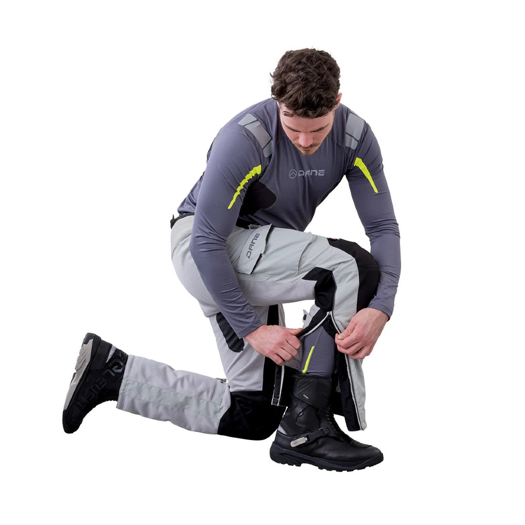 motorcycle pants dane drakar goretex windproof waterproof ventilation panels reflective sure grip silver gray black riding alpine touring adventure adv 