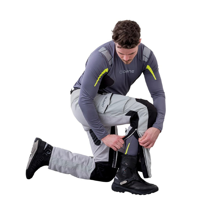 motorcycle pants dane drakar goretex windproof waterproof ventilation panels reflective sure grip silver gray black riding alpine touring adventure adv 