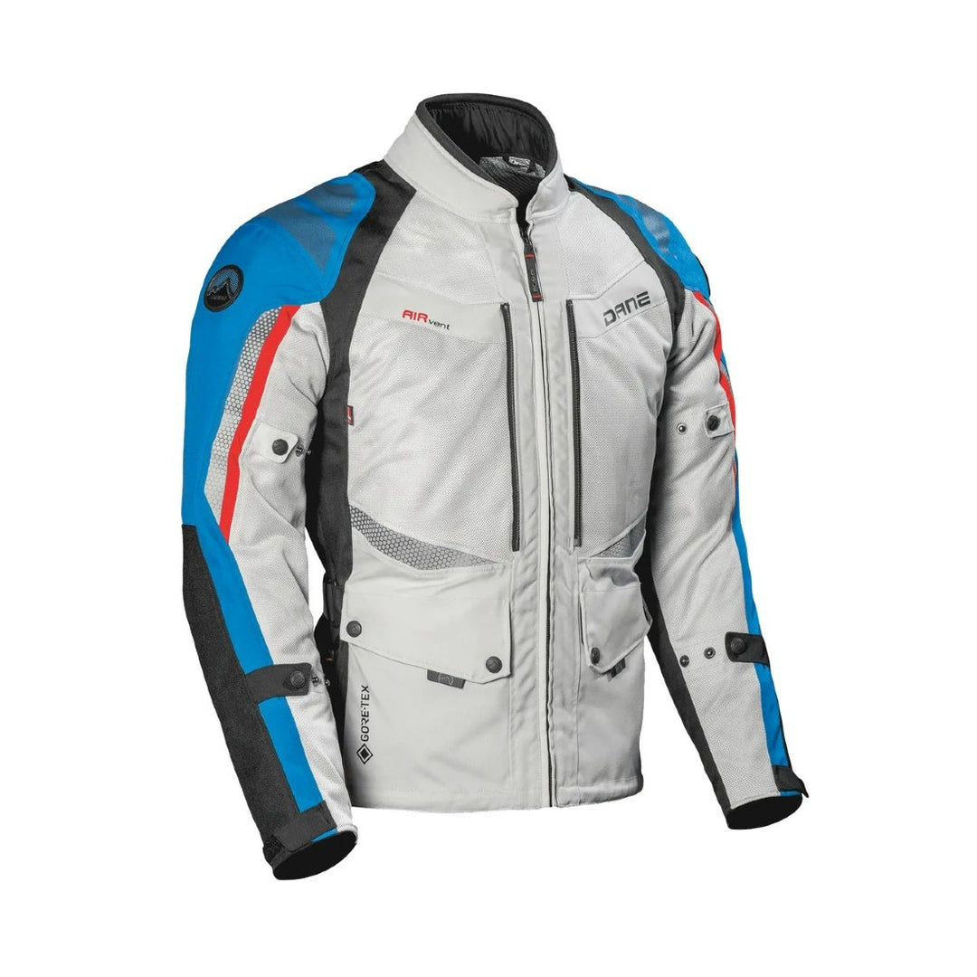 motorcycle jacket dane drakar goretex windproof waterproof sastec protection reflective 3d mesh rain scotchlite silver gray blue red riding alpine touring adventure adv front