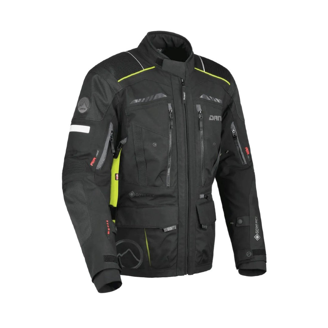 motorcycle jacket dane hornum goretex windproof waterproof breathable thermal liner chest pockets ventilation 3d mesh protection black fluorescent riding alpine touring adventure adv front