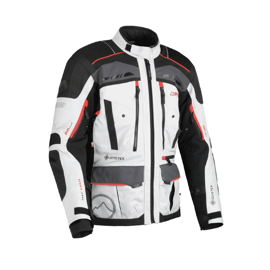 motorcycle jacket dane hornum goretex windproof waterproof breathable thermal liner chest pockets ventilation 3d mesh protection gray red black fluorescent riding alpine touring adventure adv front