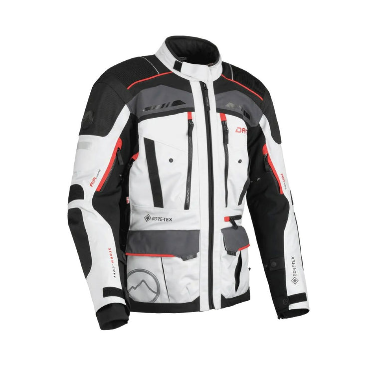 motorcycle jacket dane hornum goretex windproof waterproof breathable thermal liner chest pockets ventilation 3d mesh protection gray red black fluorescent riding alpine touring adventure adv front